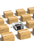 Packaging for Money Counter With Value Count And Counterfeit Detection for Dollars and Euros, surrounded by boxed units