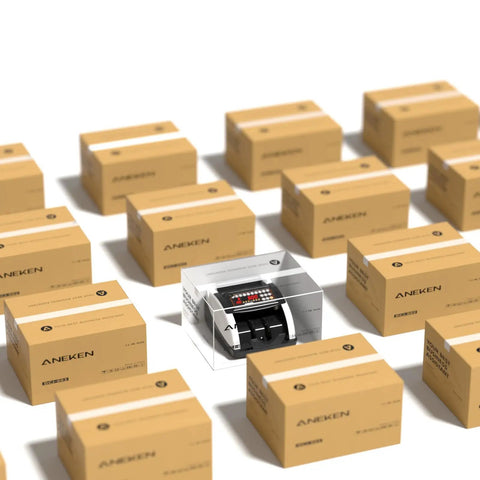 Packaging for Money Counter With Value Count And Counterfeit Detection for Dollars and Euros, surrounded by boxed units