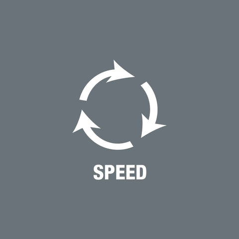 Grey background with a white circular arrow cycle symbol representing speed, captioned 'SPEED' below.