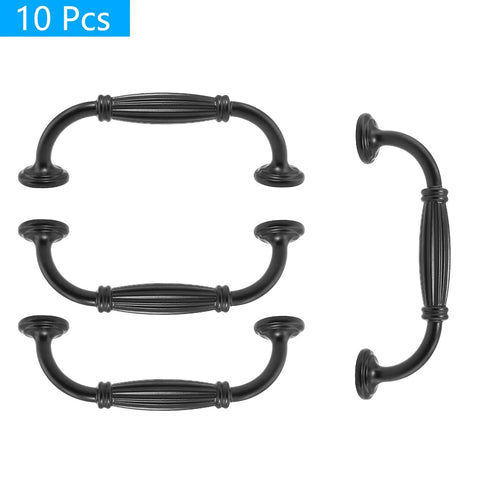 Black Cabinet Handles Set, 3 3/4 Inch Hole Center (96mm), 115mm Overall Length, shown in a group of 10 pieces, side and top view.
