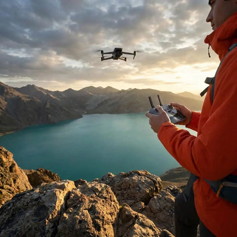 Person operating Air 3S Drone With RC 2 Fly More Bundle For Travel And Content Creation over scenic lake and mountains.
