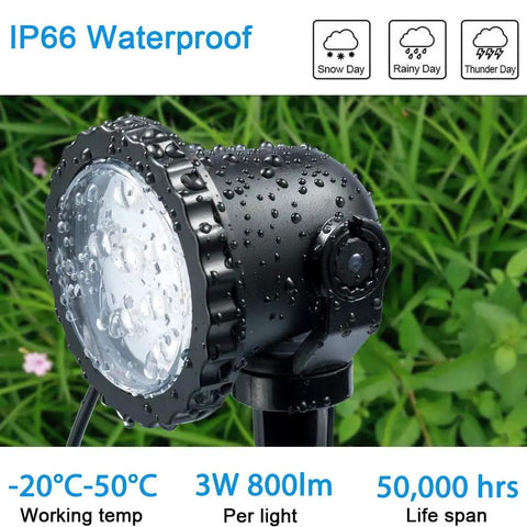 Close-up of Outdoor RGB Color Changing Spotlight Kit With Remote, showcasing waterproof IP66 LED light in garden setting.