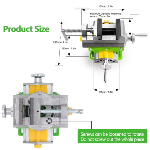 Top view of 3 Inch Cross Slide Drill Press Vise with measurement details, showing 90 Degree Rotary Table, aluminum alloy design.