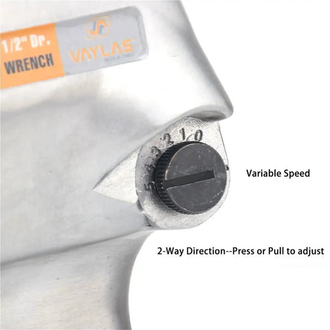Pro Hustle 1/2 Inch Square Drive Air Impact Wrench packing showing variable speed dial and direction control features.