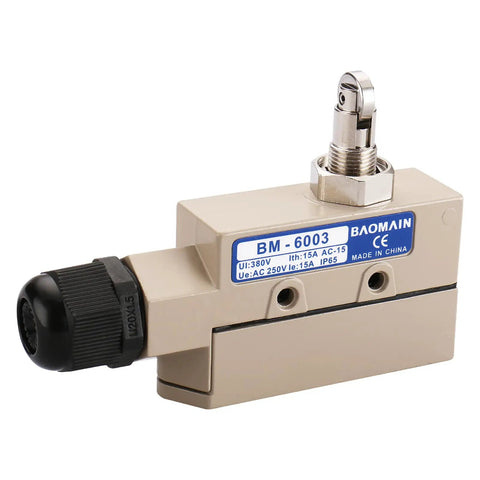 Rugged 15A 250VAC Beefed-Up Limit Switch with IP65 Sealed Body, cross roller plunger actuator, momentary micro switch, side view