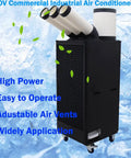 Rock Solid Portable Air Conditioner 2500 Watt 220 Volt Commercial Industrial Cooler With Adjustable Directional Vents And Slick Rolling Universal Wheels For No Sweat Workspaces, portable unit with adjustable vents.