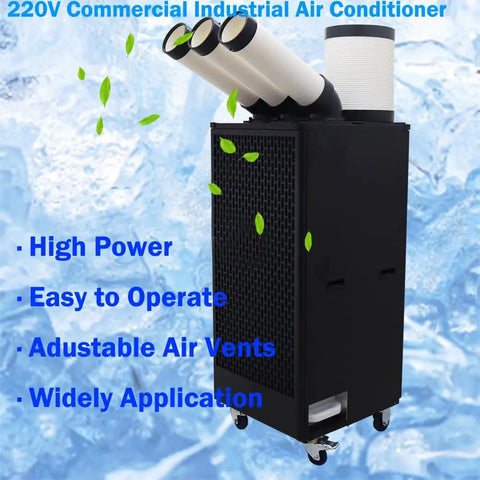 Rock Solid Portable Air Conditioner 2500 Watt 220 Volt Commercial Industrial Cooler With Adjustable Directional Vents And Slick Rolling Universal Wheels For No Sweat Workspaces, portable unit with adjustable vents.