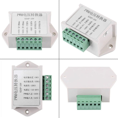 PWM To Analog Converter Module For PLCs And Industrial Control Boards Digital To Analog Voltage Converter Adapter 24V Input With Reverse Polarity Protection Easy Interface Switch Between Chips White Housing showing top and side angles.