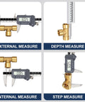 6 Inch Digital Caliper With Absolute Precision demonstrating external, internal, depth, and step measurement modes on brass fitting.