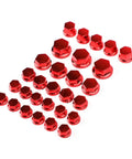 Red ABS Hex Socket Screw Cover Kit For Motorcycle Fairings And Frames, 30 Piece Assorted Set In M8 M10 M14 Sizes, High Gloss Finish, Rust Resistant Bolt Nut Caps To Spruce Up Your Ride red ABS hex socket caps laid out on white