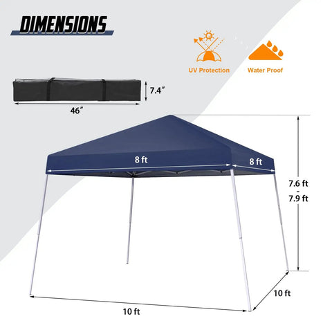 Fast Pop Up Canopy Tent 10x10 Ft With Slant Legs, Instant Setup In A Snap, Dark Blue 8x8 Ft Cover, Carrying Bag Shown