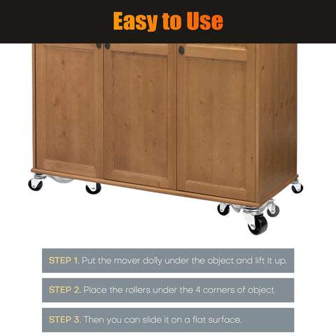 Cabinet on 4 Pack Steel Tri Dolly Set with 3 wheel furniture movers for heavy lifts up to 220 lbs each, heavy duty steel construction