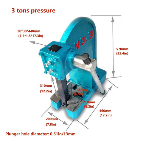 Real Deal 3 Ton Manual Arbor Press, Cast Iron Powerhouse with dimensions for riveting and punching tasks.