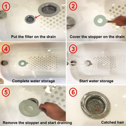 Steps using 2-Pack Silicone Bathtub Stopper And Drain Filter Set For Hair Catching, showing installation and removal in bathtub.