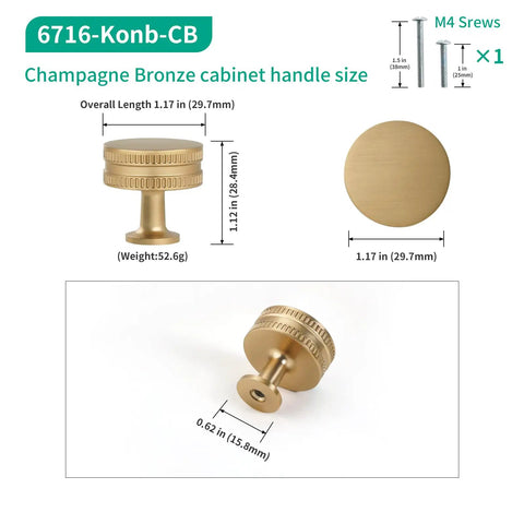 1.17 Inch Champagne Bronze Cabinet Knobs Set Of 2, Solid Zinc Alloy, Rust Resistant, dimensions and single hole mount