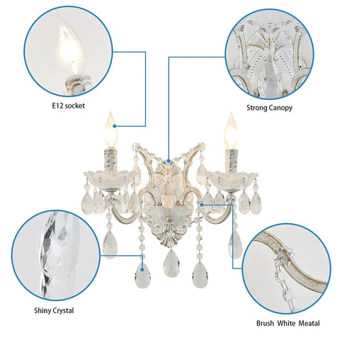 Infographic of white crystal wall sconce lighting with modern K9 glass crystal drops shade and detailed parts labeled, sleek wall lamp for bedroom and living room.