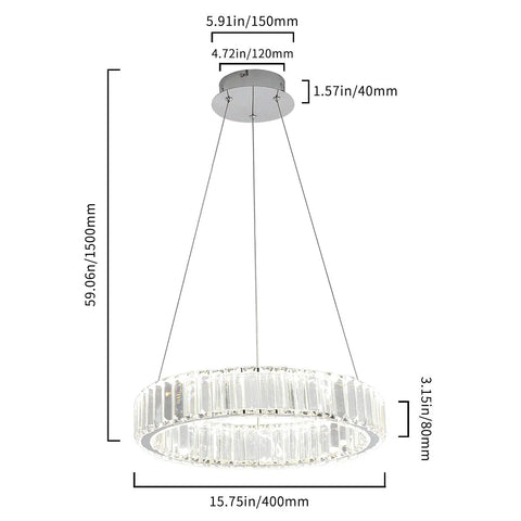 Elegant Modern Crystal Pendant Light for Dining and Living Rooms, 15.7 Inch Round Glass LED Fixture with dimensions.