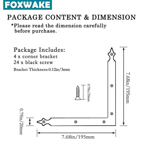 Diagram showing Barn Door Corner Bracket Set 7 Point 7 Inch Matte Black Rustic L Brackets dimensions and included screws.