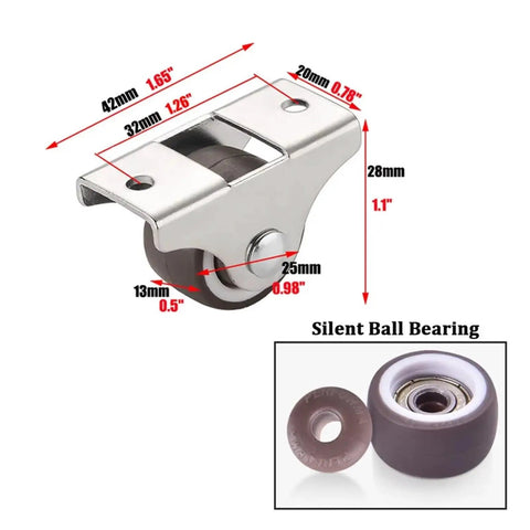 1 Inch Fixed Caster Wheels Silent Tpr Rubber Rollers Non Swivel Plate Casters For Furniture And Cabinets Glides Smooth As Silk Straight Shooter Roller Motion Quiet Indoor Use 8 Piece Set with dimensions and ball bearing feature.