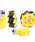 Mecanum wheel set for geared motor toy car; yellow housings with black rollers; includes 2 motors and 2 wheels.