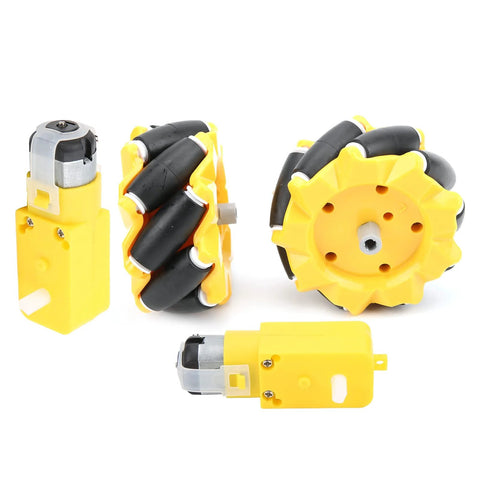 Front view of yellow 80mm Mecanum wheel set with black rollers and TT geared motors (2 wheels, 2 motors)