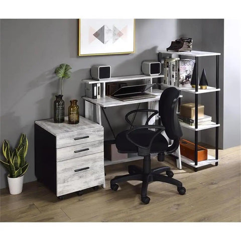 Dope Industrial Style 4 Shelf Bookshelf With Antique White Shelves And Black Powder Coated Metal Frame in a modern office setup