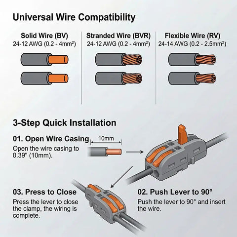 Universal wire compatibility guide for Twenty Pack Mini Lever Wire Connectors For Dead Simple Diy Splicing.