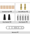 14AK MIG Welding Gun Kit With 20 Tips 0.039 Inch, contact tips, gas diffusers, nozzles, and wrench displayed in set