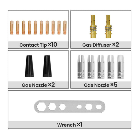 14AK MIG Welding Gun Kit With 20 Tips 0.039 Inch, contact tips, gas diffusers, nozzles, and wrench displayed in set