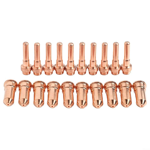 20 Pack Plasma Cutter Consumables For Eastwood Versa Cut 60A Torch CB70 Setup showing heavy duty copper nozzles and swirl rings.