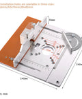 Pro Grade Aluminum Router Table Insert Plate Kit With Slick Sliding Fence Setup And Dependable Miter Gauge Track For No Sweat Benchtop Woodworking Builds detailed image showcasing installation hole sizes and measurements.