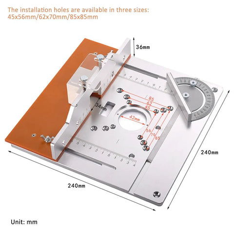 Pro Grade Aluminum Router Table Insert Plate Kit With Slick Sliding Fence Setup And Dependable Miter Gauge Track For No Sweat Benchtop Woodworking Builds detailed image showcasing installation hole sizes and measurements.