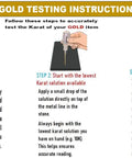 Waytest 18K gold testing solution purity determiner kit - home use, instructional steps infographic
