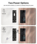 Wireless Doorbell Cam With Base Station, 5MP Super HD Door Cam showing battery and hardwired power options on wood wall