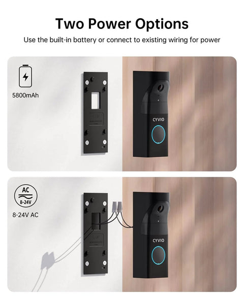 Wireless Doorbell Cam With Base Station, 5MP Super HD Door Cam showing battery and hardwired power options on wood wall