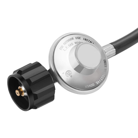 Close-up of Six Foot Propane Adapter Hose With Regulator To Quick Connect For 17 And 22 Inch Blackstone Tabletop Camper Grills