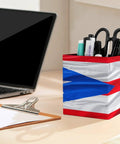 Puerto Rico Flag Pen Holder Desk Organizer With PU Leather Finish on desk holding pens and scissors, laptop nearby.
