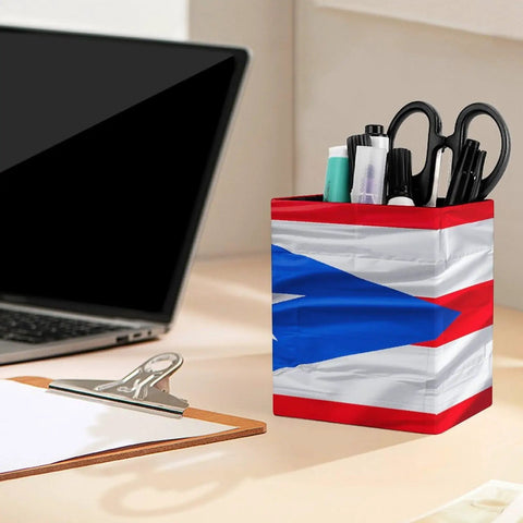 Puerto Rico Flag Pen Holder Desk Organizer With PU Leather Finish on desk holding pens and scissors, laptop nearby.