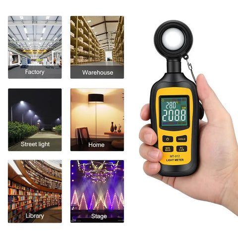 Hand holding Digital Illuminance Meter Handheld Light Meter with Ambient Temperature Range 0 to 200000 Lux 4 Digit Color LCD Screen