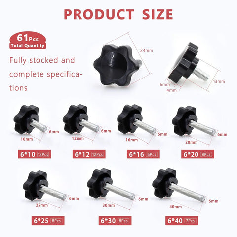 61 Piece M6 Star Knob Screw Kit with nylon black plastic star hand knobs and steel tightening screws, sizes 10-40 mm shown