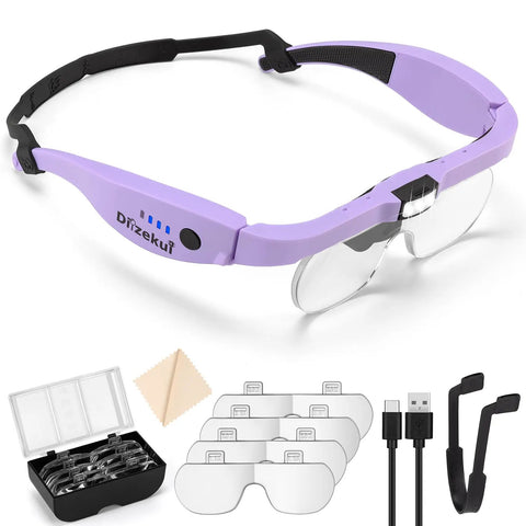 Rechargeable LED Lighted Magnifying Glass Headset With 1.5x To 5.0x Zoom And 4 Detachable Lenses, Dope Hands Free Magnifier For Close Work, Hobbies, Jewelry Making, Crafting And DIY Projects.