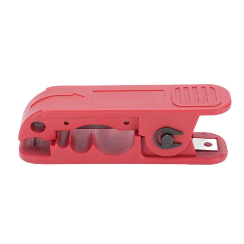 Jiawu Wire Stripping Tool Crimping Ratcheting Pliers Auto Jaw Electric Cable Cutter Crimper Versatile Hand Tool For RJ45 Connectors And Twisted Wires Ergonomic Grip in red plastic design, viewed from top.