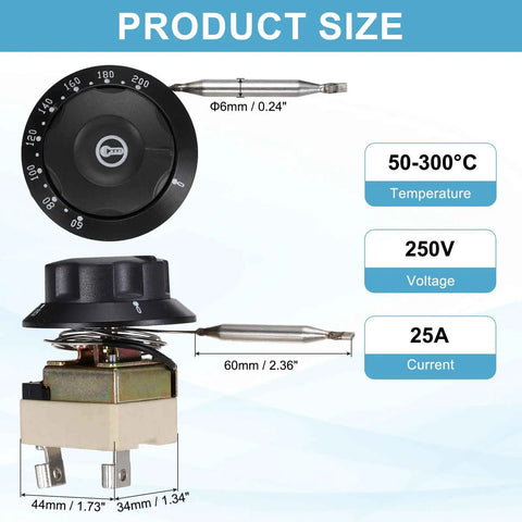 Temperature Control Switch 250V 25A Capillary Thermostat For Ovens Fryers Refrigerators And Heaters 60-200C Range 0.7m Capillary Easy Install Durable Kitchen Equipment Controller, 44x34x35mm