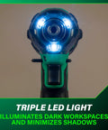 Front view of 36V MultiVolt Cordless Triple Hammer BOLT Impact Driver Kit with LED lights illuminated, close-up.