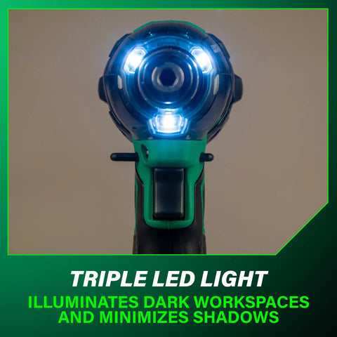 Front view of 36V MultiVolt Cordless Triple Hammer BOLT Impact Driver Kit with LED lights illuminated, close-up.