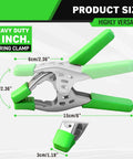 Front-angle view of Swanlake 6-inch heavy-duty metal spring clamp with green grips and 2.36-inch jaw opening.
