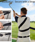 Game Changing Golf Swing Rotation Trainer For Hips And Shoulders Turn, Weight Shift And Tempo, golfer securing strap outdoors