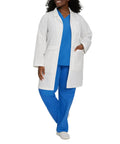 Relaxed Fit Five Pocket Three Button Full Length White Medical Lab Coat For Women worn over blue scrubs, featuring a relaxed fit and five pockets.