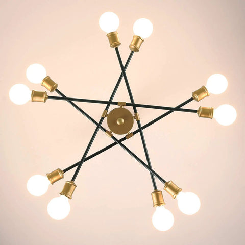 Vintage Sputnik 10 Light Pendant Chandelier In Black And Gold Brushed Finish for dining room foyer entryway, view from below