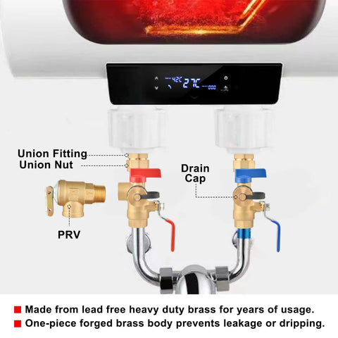 Three Quarter Inch IPS Isolator Tankless Water Heater Service Valve Kit with brass construction and red/blue handles